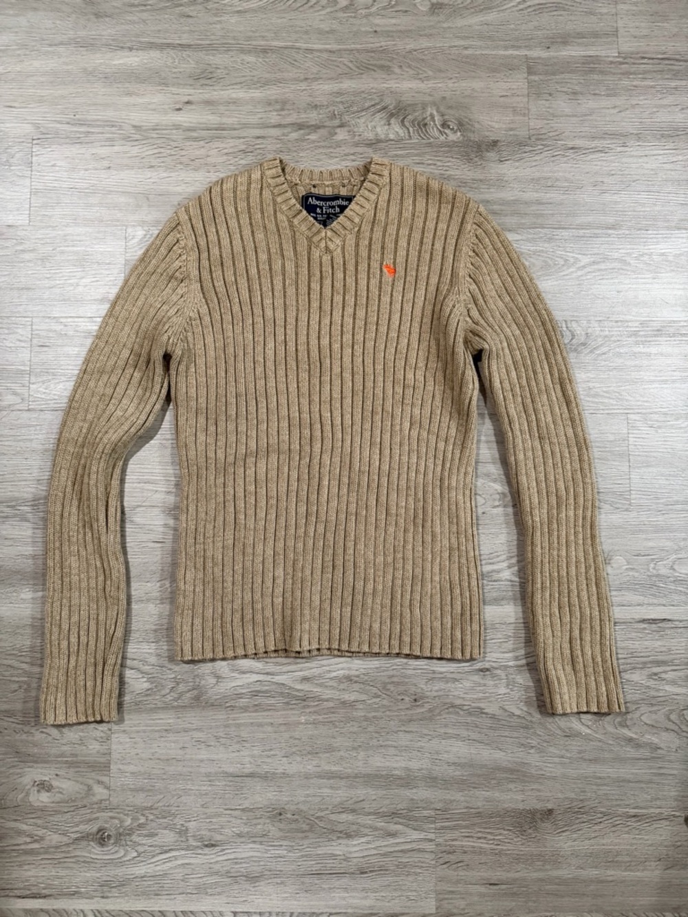 Vintage Abercrombie & Fitch Mens Tan Ribbed V-Neck Sweater Pullover Cotton L
